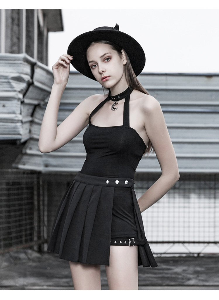 Punk Rave Gothic Women's Black Pleated High Waisted Mini Dress with V Neck and Buckle Belt Straps