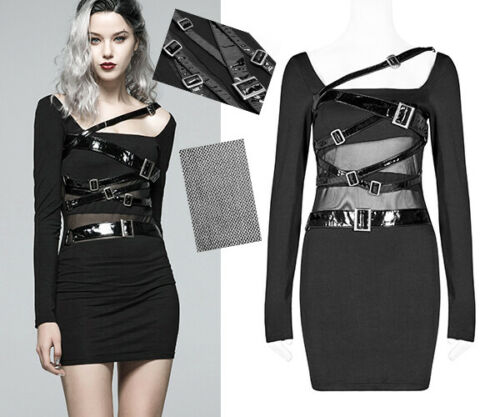 Punk Rave Gothic Women's Black Pleated High Waisted Mini Dress with V Neck and Buckle Belt Straps